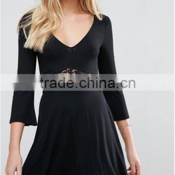 Spring Summer Women Sexy V-Neck Lace Dress Fashion 3/4 Sleeve Waisted A-line Casual Mini Dress