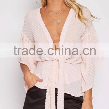 Long Sleeve V Neck Sexy Woman Tops Waist Tie Free Feel Summer Tops photo-5