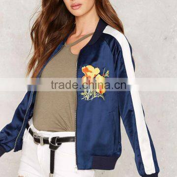 HAODUOYI Women Blue Winter Poppy Writer Bomber Jacket photo-4