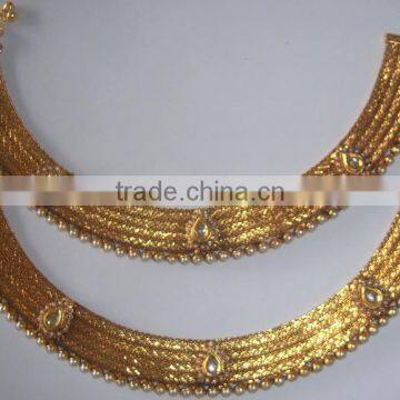 Gold plated broad payal ANKLETS pair feet bracelet