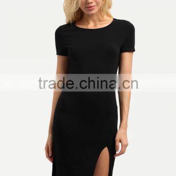 Rayon Black Short Sleeve Split Side Sheath Dress Polyester Spandex Plain Casual Short Dress photo-2