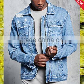 New style custom cheap brand bulk wholesale distressed denim jacket coats for mens