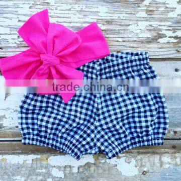 Red Gingham Cute Bloomer With Navy Bowknot Headband Set New Born Baby Clothes Set photo-3