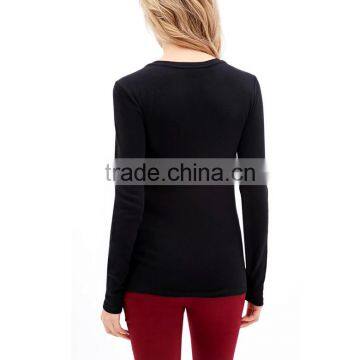 Simple Design Crew Neck Long Sleeve Stretch Women Plain Black Sweater photo-3