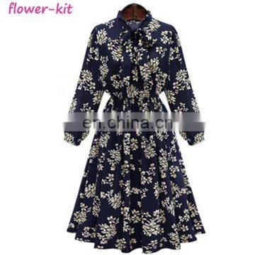 Plus Size Women Dress Midi 2017 Office Tunic Vintage Floral Print Bow Collar Long Sleeves Boho Dress