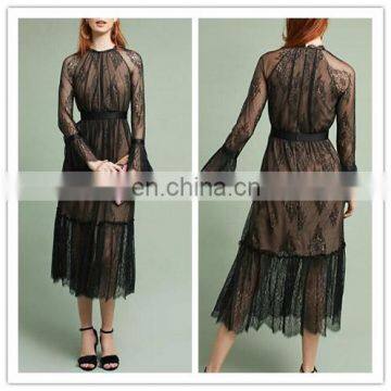 Long Sleeve Maxi Black Women lace evening dress