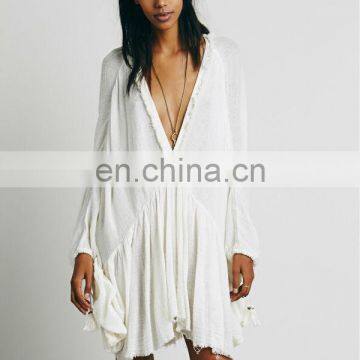 High Quality Raw Hem Cotton Gauze Dress Fashion High Low Tunic Dress photo-3