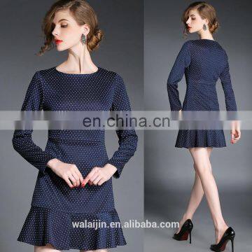 High quality ladies polka dot dress with frill hem, long sleeve fashion jacquard dress