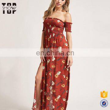 China product smocked bodice women off-shoulder long maxi dress