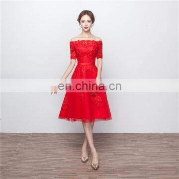 Free Shipping Gorgeous Off-The-Shoulder Red Short Sleeve Lace-up A Line Knee-length Lace Evening Dress