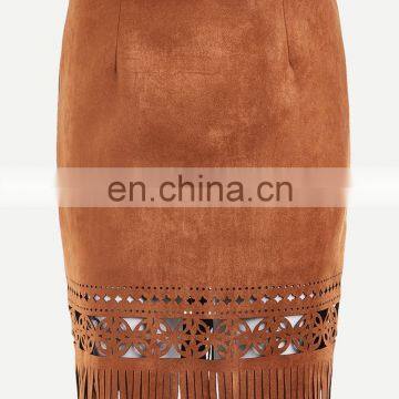 MIKA2287 Hollow Out Fringe Hem Suede Skirt