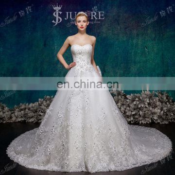 New Arrival Lace Appliqued Real Sample Factory Made Crystal Beaded Long Cathedral Train Wedding Dresses