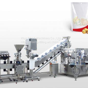 Automatic premade pouch packaging machine for liquid and solid together