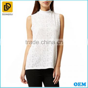 White slim and fit holey sleeveless elegant high neck ladies top