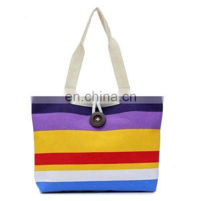 Custom Logo Canvas Cotton Tote Bag Travel Colored Stripe Handbag