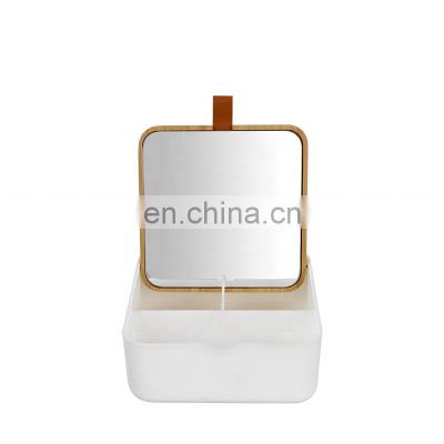 BSCI Recycling  high quality square design bamboo table stand mirror cosmetic bamboo mirror with plastic storage