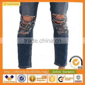 Men Custom Apparel Skinny Cropped Jeans Ripped Denim Pants With Extreme Rips In Blue Wash photo-6