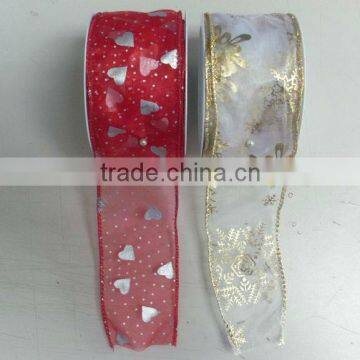 Gold Wired Edge Hot Stamp Printing Organza/Organdy/ Mesh/ Sheer Woven Fabric Gift Wrapping Ribbon