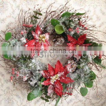 2015 New Artificial Flower 17" Christmas Decoration Polyfoam snowy Berries and poinsettia Wreath