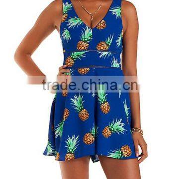 2015 summer girls playsuit, sleeveless V-neck casual rayon printed paysuits SYA15204