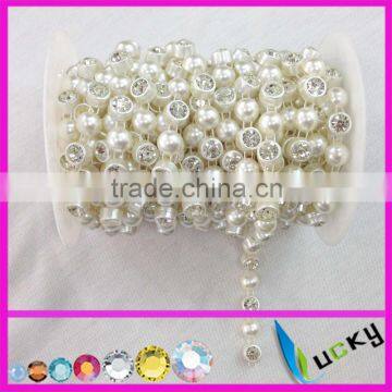 artificial rhinestone trimming bicycle chain with cream white pearl in roll for clothes ,Shoes,handbag,Bracelet decoration