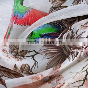 Parrot Bird Branch Leaf Printed Silk Linen Blend Fabric photo-3