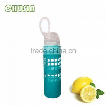 fancy glass water bottle with fruit infuser and food grade silicone sleeve