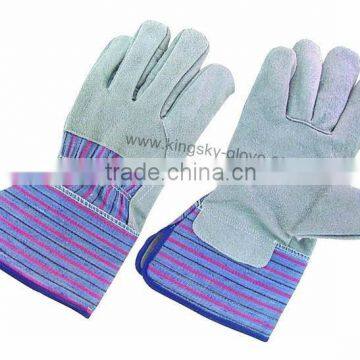 Cow split leather stripe cotton back safety cuff glove