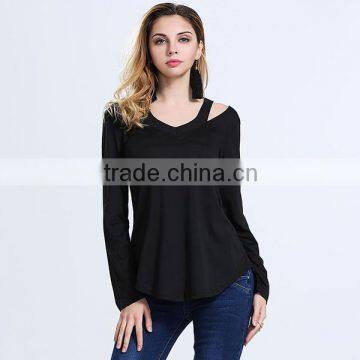 2016 Hot Summer New Fashion Women T Shirt Tops Ladies Stylish V Neck Design Curved Hem Black Long Sleeve T-Shirt