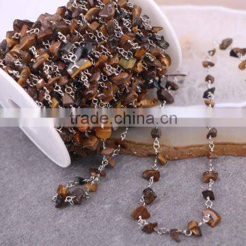 Meters Tiger Eye Stone Beads Wire Wrapped Chip Beaded Chain, Silver Plated Wire Wrapped Rosary Chain photo-4