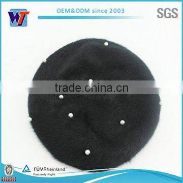 Wholesale Wool Black Pearl Beret Hat Cheap Lady Rhinestone Beret Cap photo-2
