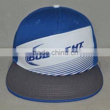 Guangzhou hat factory professional custom 100% cotton/printing/blue and white signs/flat brim hat