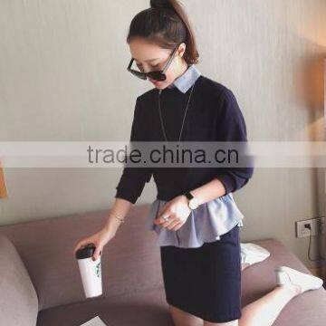 2016 New Style Autumn Shirt Korean Turn Down Collar Long Sleeve Dress Patchwork photo-2