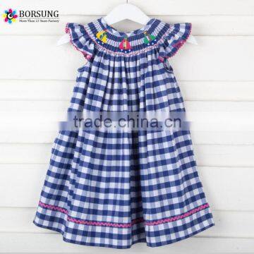 Blue plaid children frocks designs Kids Smocked clothing short sleeve Baby Girl Dresses