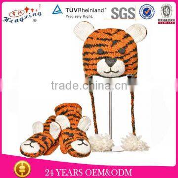 2014 Fashion Earflap Tiger Knitted Wool Animal Hats Gloves