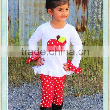 Red Polka Dot Apple Pant Set Appliqued White Long Shirt Children's Clothes Boutique outfit For Spring/ Fall Outfit Kids Clothes