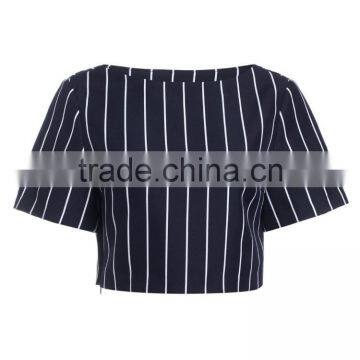 2016 Ladies Cotton/polyester Navy Strip Thick Formal Short Sleeve Shirt/blouse photo-3