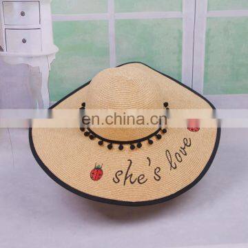 Ladybug Letters Embroidery Straw Hat Large Eaves Sunscreen Beach Hat photo-4