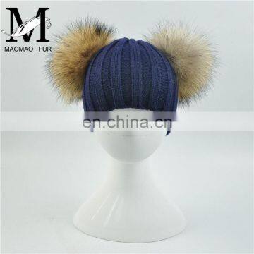 High Quality Kids Knitted Beanies Hat Double Big Raccoon Fur Pom Pom Hat Baby photo-3