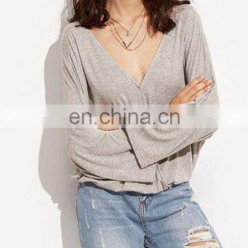 2016 New Design Women Ladies Plain TShirt Long Sleeve Shirt Casual Blouse Tops V Neck Cotton Tee