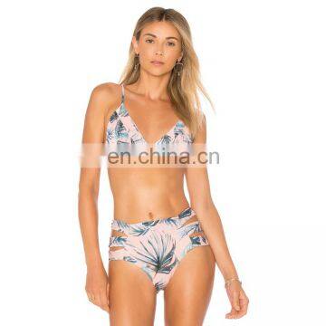 Latest design custom print smocked elastic panel bikini high waist bikini for female