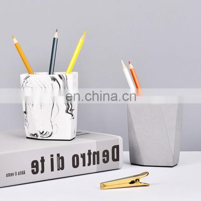 Pen Holder Makeup Brush Desk Organizer Fountain Stand Office Cement Pen Pencil Holder Home Decor Hexagon Fancy Unique White