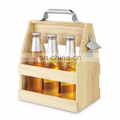 Brown color Wooden Caddy Tote For Six Pack Beer Sodas with Bottle Opener