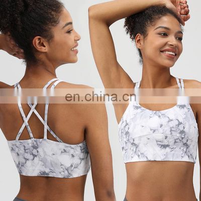 New Wholesale Printing Straps Sexy Sports Yoga Bra Ladies Wear Anti-Bacterial Ribbed Beauty Back Gym Fitness Bra Top For Women