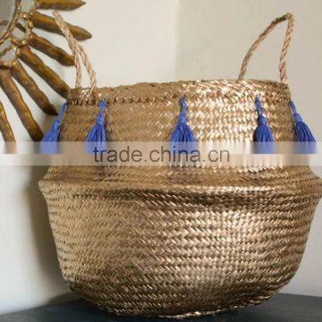 High quality best selling eco-friendly Gold seagrass basket with blue Tassels from Vietnam