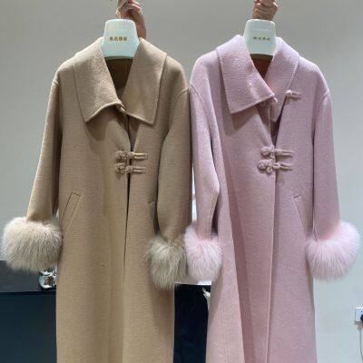 Nuevo abrigo de lana doble cara con mangas de piel de zorro para otoño e invierno, abrigo de estilo chino de media longitud de alta gama para mujeres photo-2