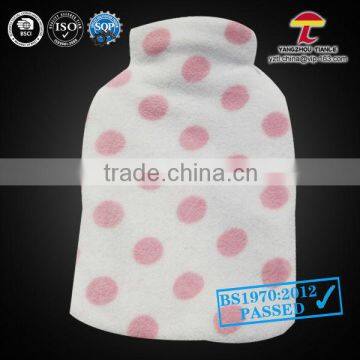 2000ml BS standard hot water bottle with white with pink dots coral fleece cover