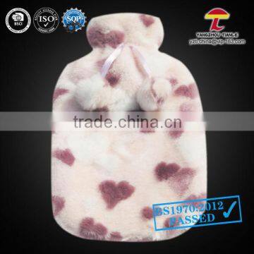 BS hot water bag with faux fur cover heart dots with ponpoms