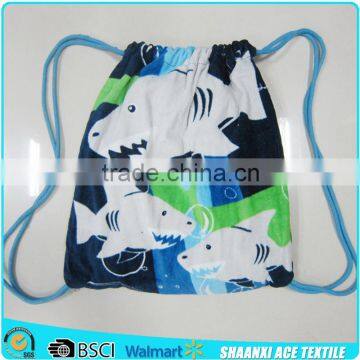 Ocean Shark Design Cotton Velour Full Screen Printed Drawstring Bag Towel