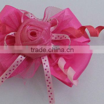 Chiffon ROSE Flower hair bow Ribbon DOTS ribbon Hairpin